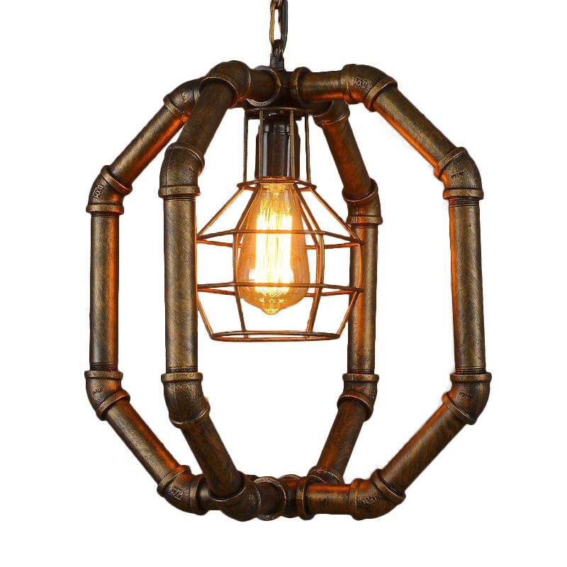 1 Bulb Metal Hanging Lamp Farmhouse Style Brass Water Pipe Restaurant Ceiling Fixture with Inner Dome Cage Shade