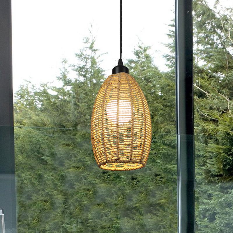 1/3-Light Restaurant Hanging Pendant Light with Oval Rattan Shade Asian Style Beige Ceiling Lamp, Round/Linear Canopy