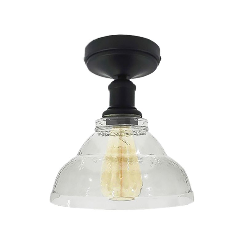 1 Light Bowl Shade Semi Flush Light Industrial Black/Chrome Clear Glass Ceiling Mount for Living Room