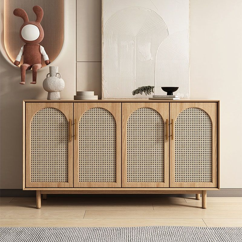 Contemporary Brown Wicker Doors Sideboard Solid Wood Buffet Table with Doors