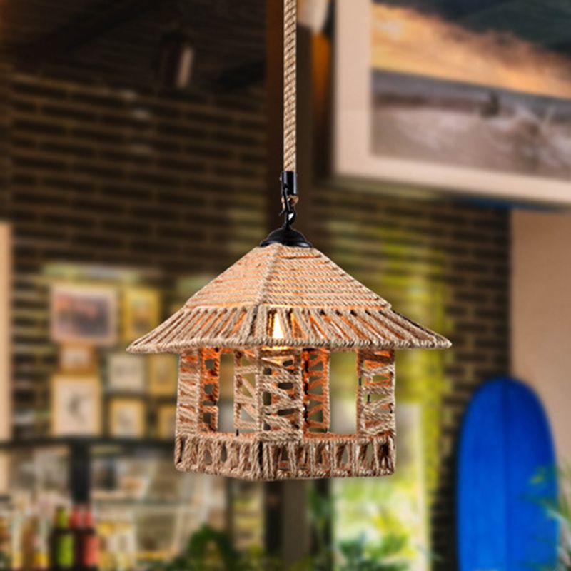 Vlaxen Single-Bulb Hanging Lamp Industrial Style Hemp Rope Caged Lighting Pendant