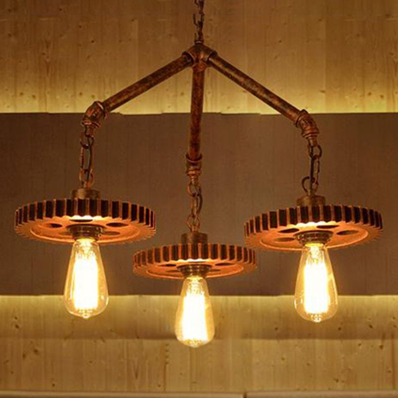 Open Metal Light Chandelier Industrial 3-Light Dining Room Pendant Lighting in Weathered Copper Gear