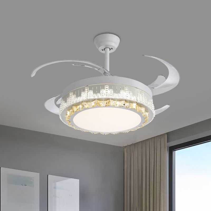 4 Blades LED Pendant Fan Lamp Contemporary Circular Clear Crystal Blocks Semi Flush Mount, 19" Width