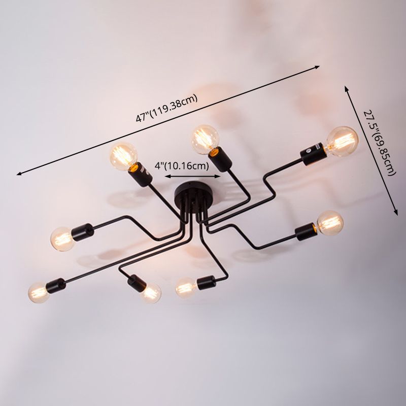 Black Sputnik Semi Flush Mount in Industrial Vintage Style Affermazione Luce con gambo metallico per camera da letto