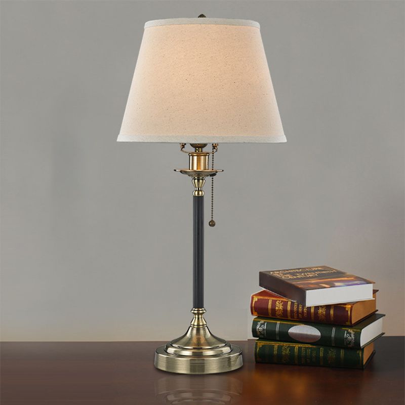 1-Bulb Dining Room Table Lamp Minimalist White Pull-Chain Night Light with Tapered Fabric Shade