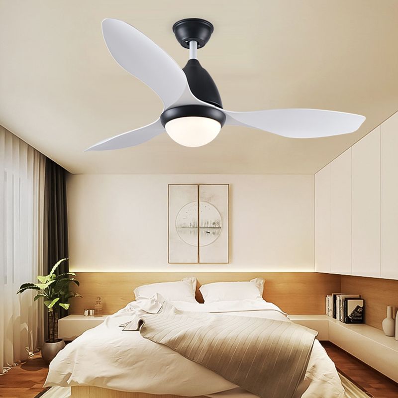 Black Dome Semi Flush Mount Modern Metallic Bedroom LED Hanging Pendant Fan Light with 3 White Blades, 48" Wide