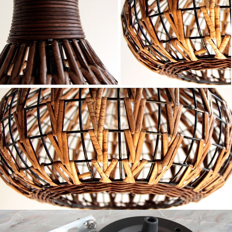 1 Light Teardrop Pendant Lamp Rustic Ribbed  Rattan Hanging Lamp for Dining Room Table