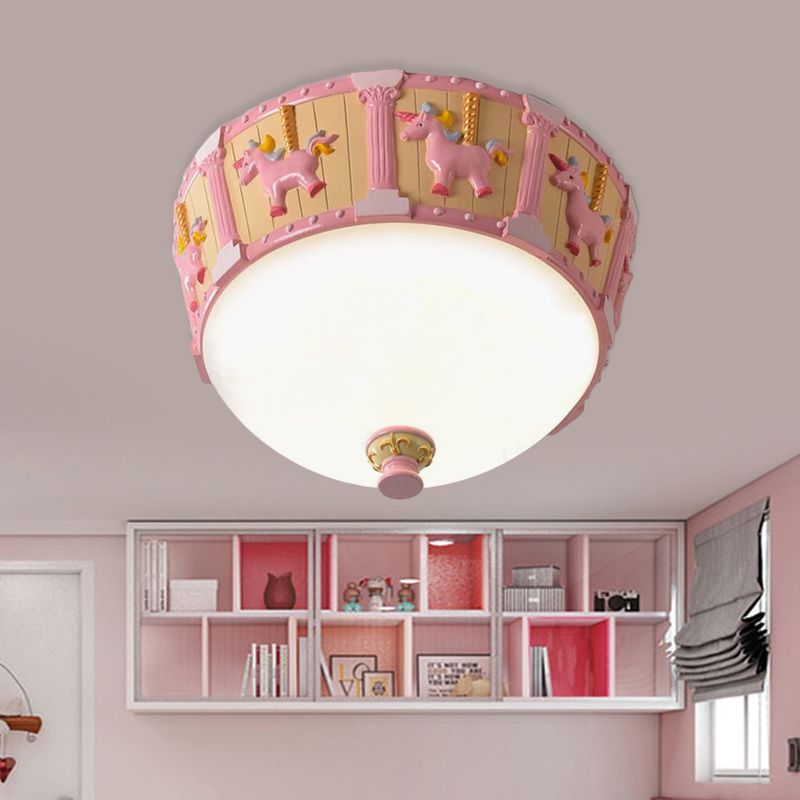 Resin Dome Flush Mount Light Kids Pink/Green LED Flushmount with Carousel Pattern in White/Warm Light