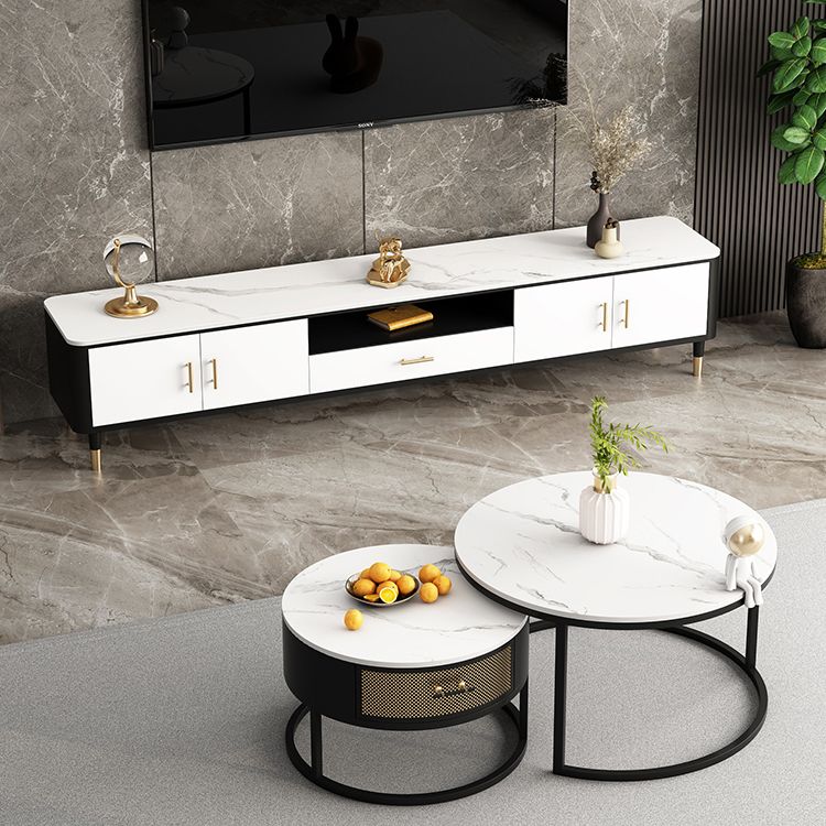 Glam Style TV Stand White Colour Stone TV Console with Open Storage