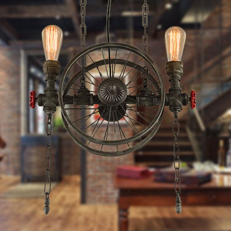 Rustic Style Exposed Bulb Hanging Light with Wheel Design 2 Lights Wrought Iron Pendant Chandelier in Bronze