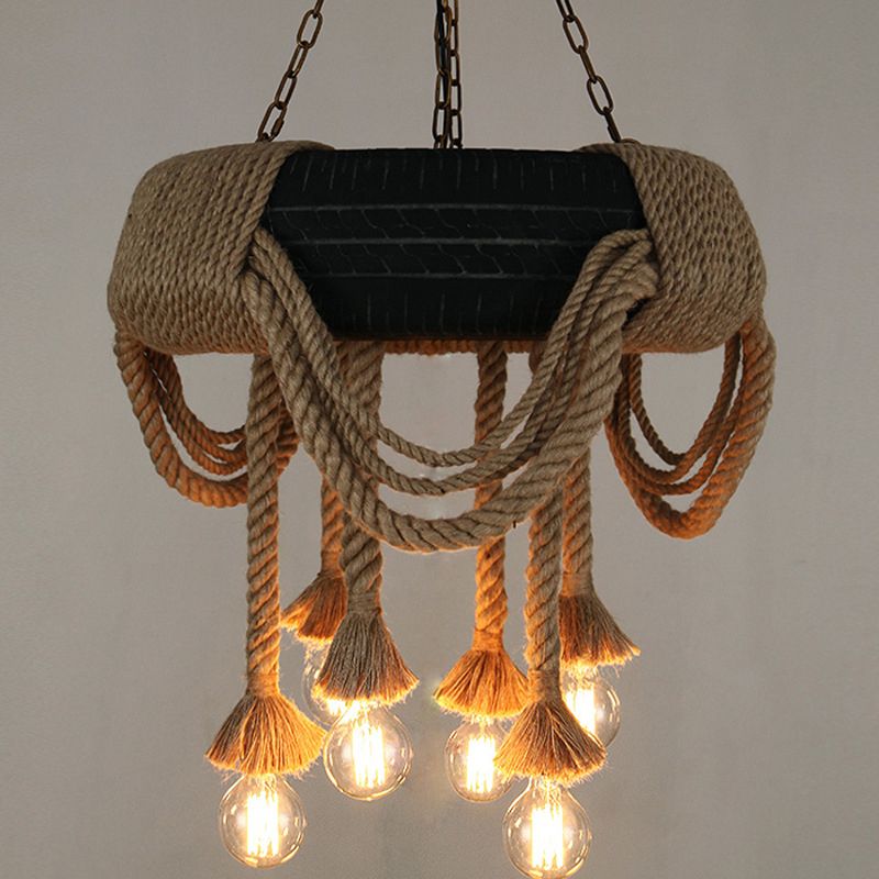 Brown 6-Light Chandelier Loft Style Rope Bare Bulb Pendant Lighting with Tyre Decoration