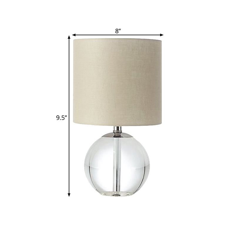 Lampe de nuit beige 1 tête de tête tissu traditionnel table de nuance cylindrique légère avec base sphérique en cristal