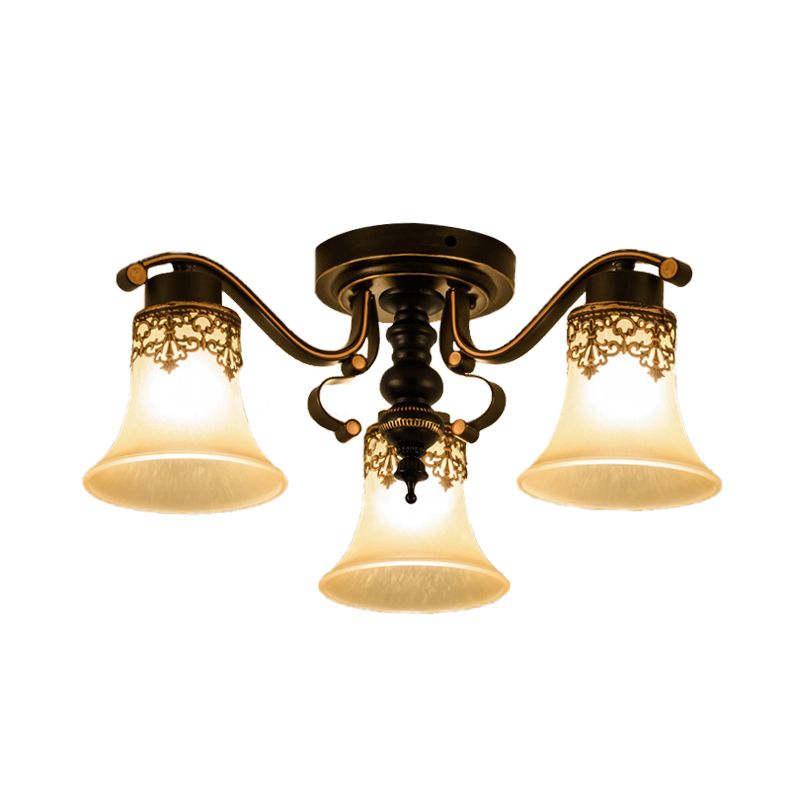 Black Bell Semi Flush Mount Classic Frosted Glass 3/6/8 Lights Living Room Ceiling Light Fixture