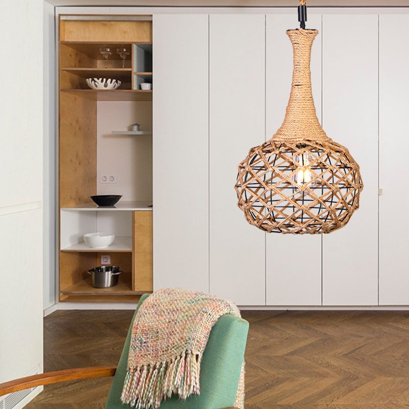 Nautical Globe Cage Hanging Pendant Light 1 Light Metal and Rope Suspension Light in Beige for Dining Room