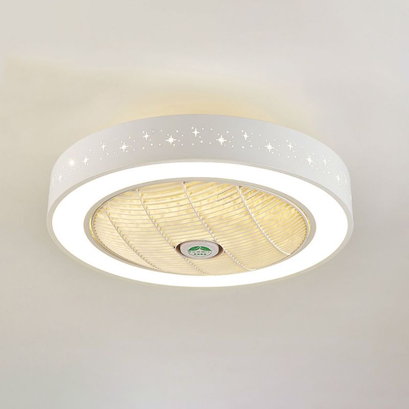 Modern Drum Shaped Fan Lamp Acrylic LED Bedroom Semi Flush Light in White with Remote