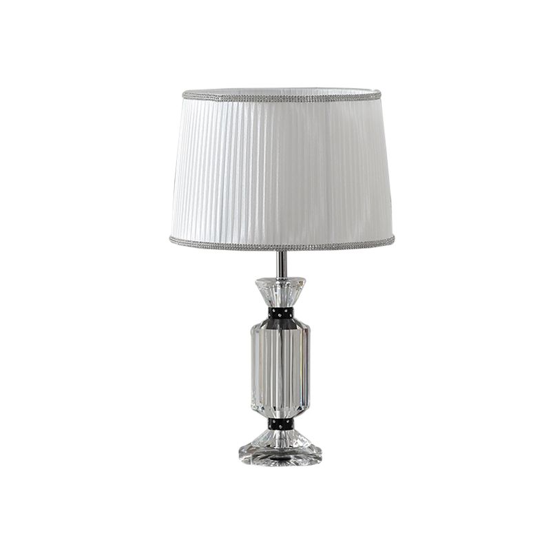 Drum Reading Lighting Rural Style Fabric Shade 1 Head Night Table Lamp in White/Blue with Clear Crystal Base