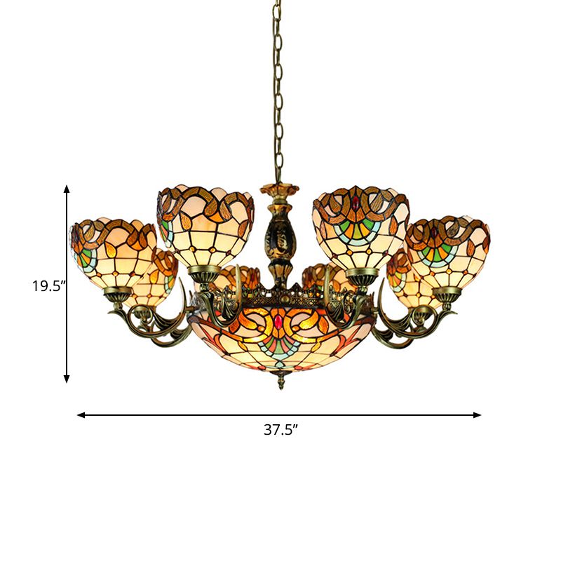 Multi Light Domed Chandelier Lamp with Metal Chain Height Adjustable Stained Glass Pendant Light