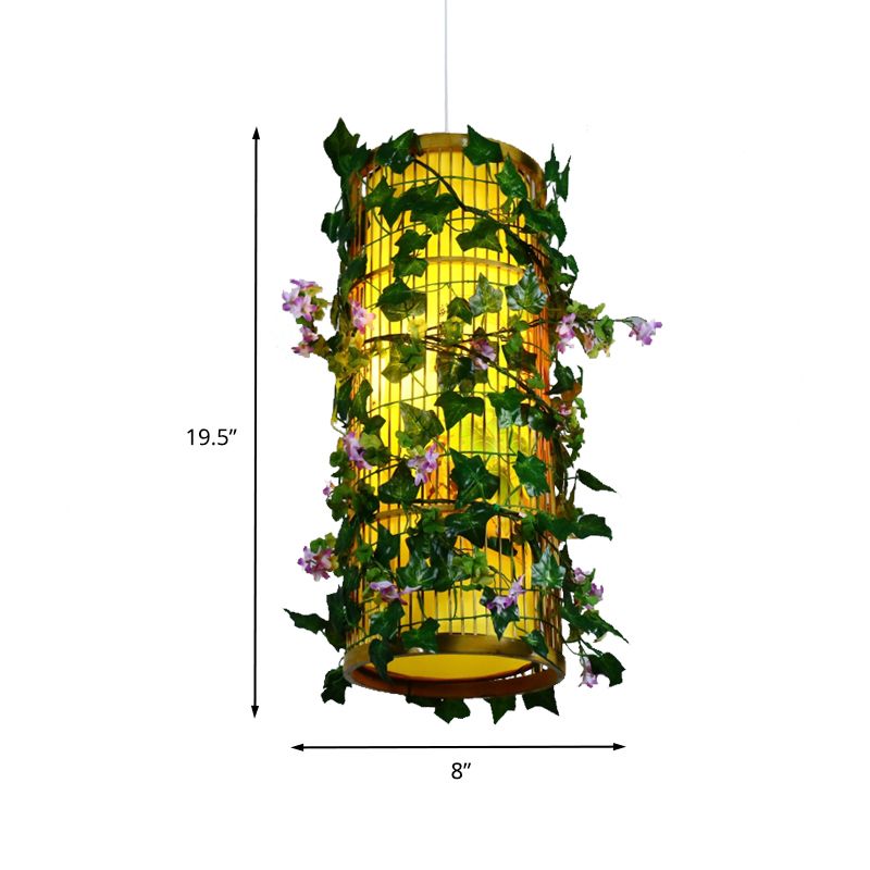 Grüner Zylinder/Kegel/Oval Anhänger Beleuchtung Industrielles Bambus 1 Head Restaurant LED Hanging Light mit Pflanze, 8 "/14"/19 "W.