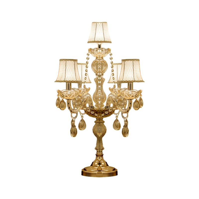 5/6 Heads Candelabra Table Light Traditional Gold Crystal Droplets Nightstand Lamp with/without White Bell Fabric Shade