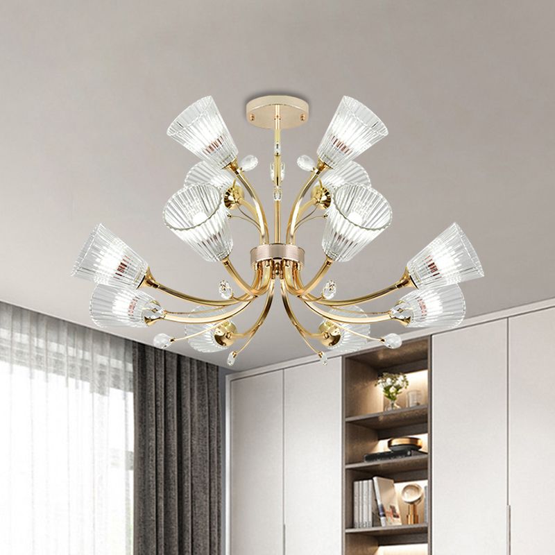 Ribbed Glass Tapered Shade Chandelier Hotel 12 Lights Crystal Accent Hanging Lighting in Gold