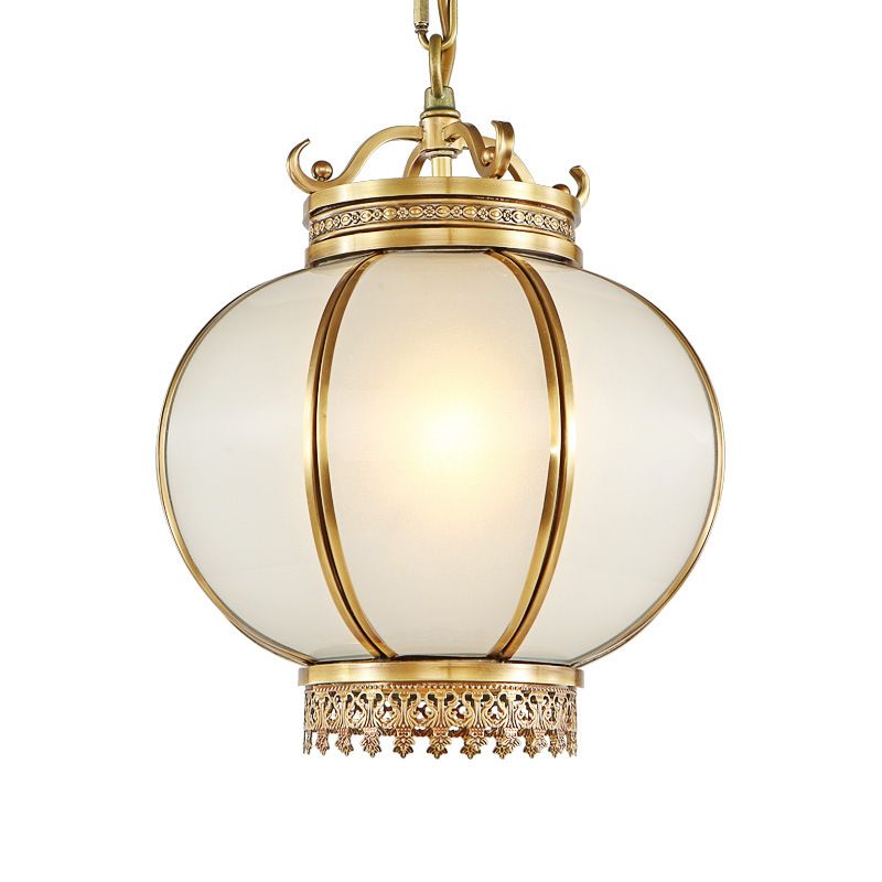 Frosted Glass Lantern Hanglight Traditionele 1 lichte slaapkamer druppel hanger in messing