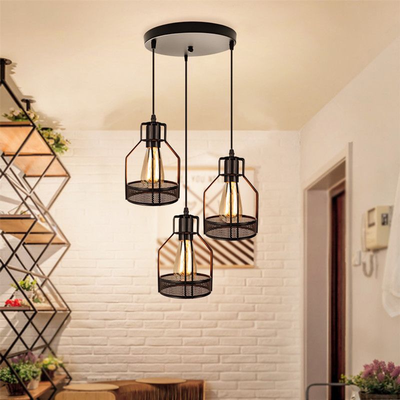 3 têtes à cage métallique pendentif lumières nordiques de suspension industrielle nordique pour café