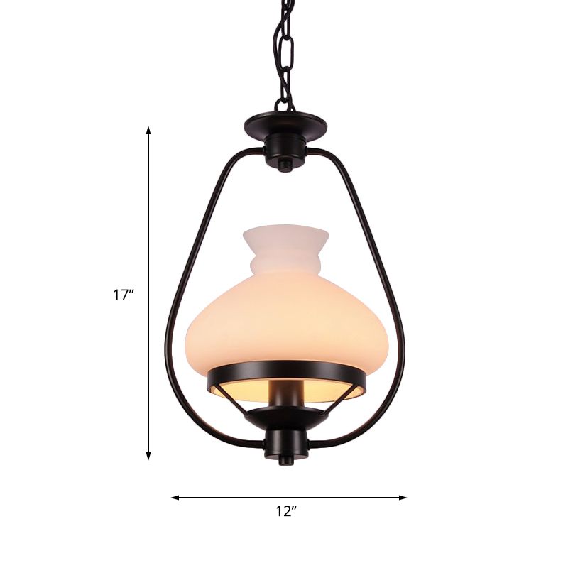 Single Light Ceiling Light Industrial Vase White Glass Pendant Lighting Fixture in Black