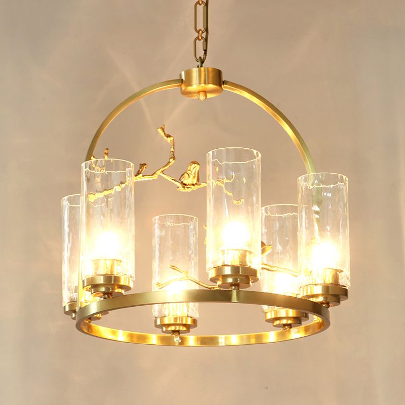 Colonial Cylinder Chandelier 6/8-Head Clear Dimpled Glass Hanging Ceiling Light for Living Room with Metal Frame