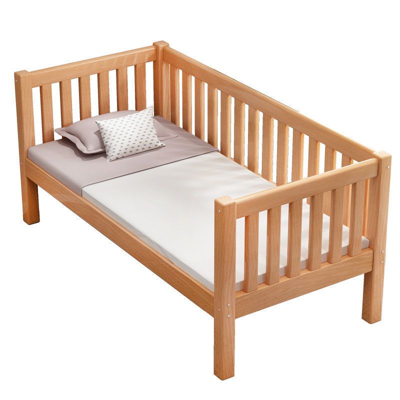 Natural Solid Wood Panel Bed Frame High Toddler Bed with Guardrail