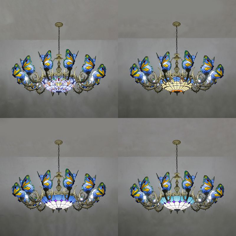 Butterfly Indoor Pendant Light Stained Glass Tiffany Chandelier Lamp in Dark Blue/Sky Blue/Beige/Blue for Hallway