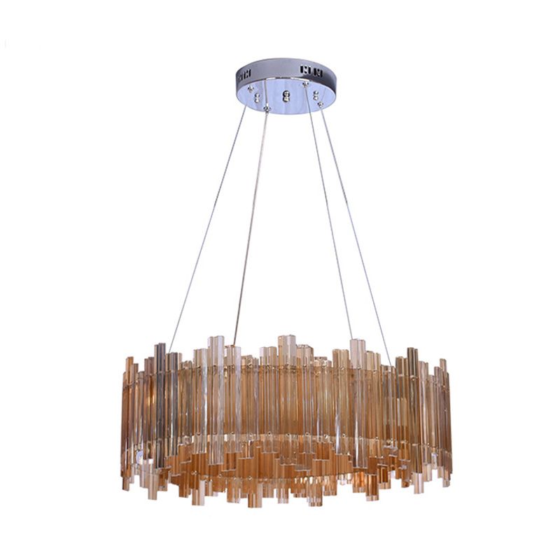 Minimalist Drum Crystal Chandelier LED Pendant Light Kit in Amber for Living Room