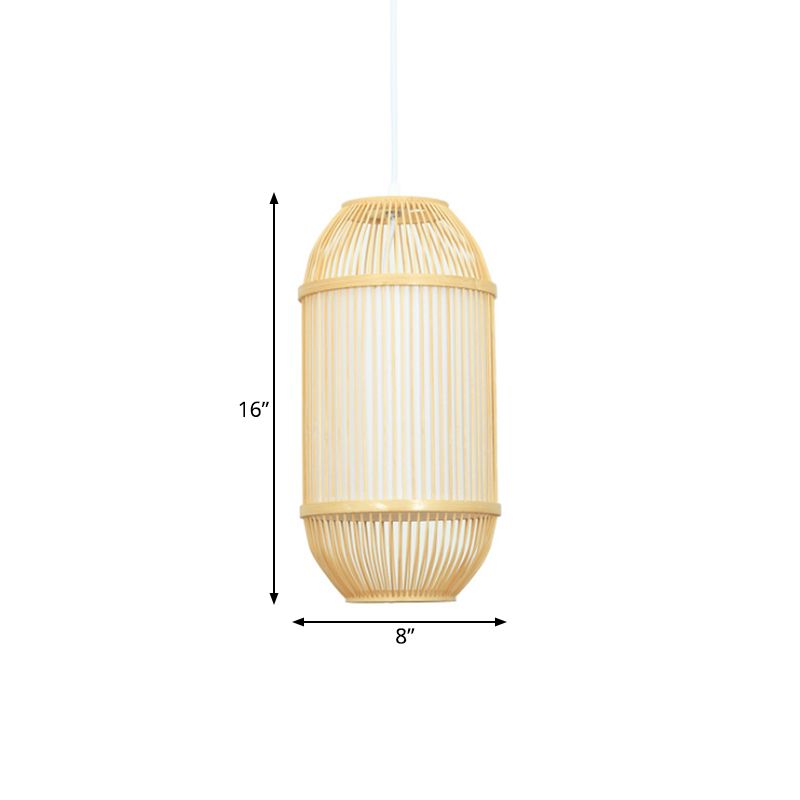 Länglicher Schatten Hanging Lamp Country Style Bambus 1-Licht beige Deckenleuchte für Schlafzimmer