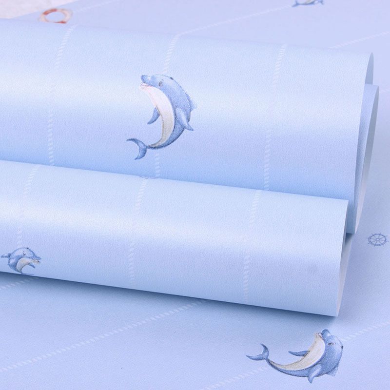 Non-Woven Fabric Wallpaper Anchor and Boat Ocean Smooth Wall Decor for Kids Room