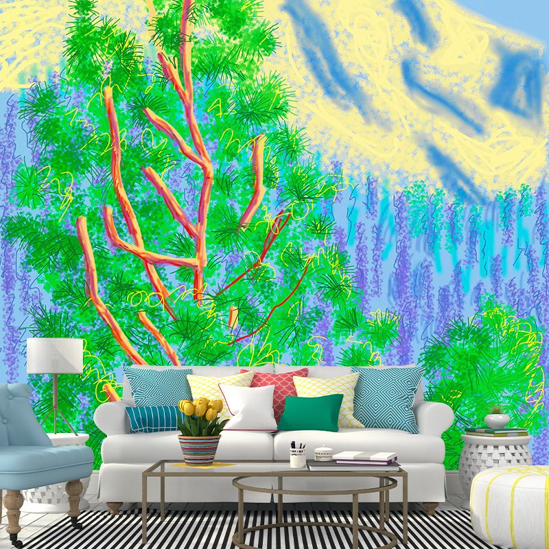 Whole Plants Wall Paper Murals Artistic Enchanting Cypress and Mountain Painting Wall Decor in Blue-Green
