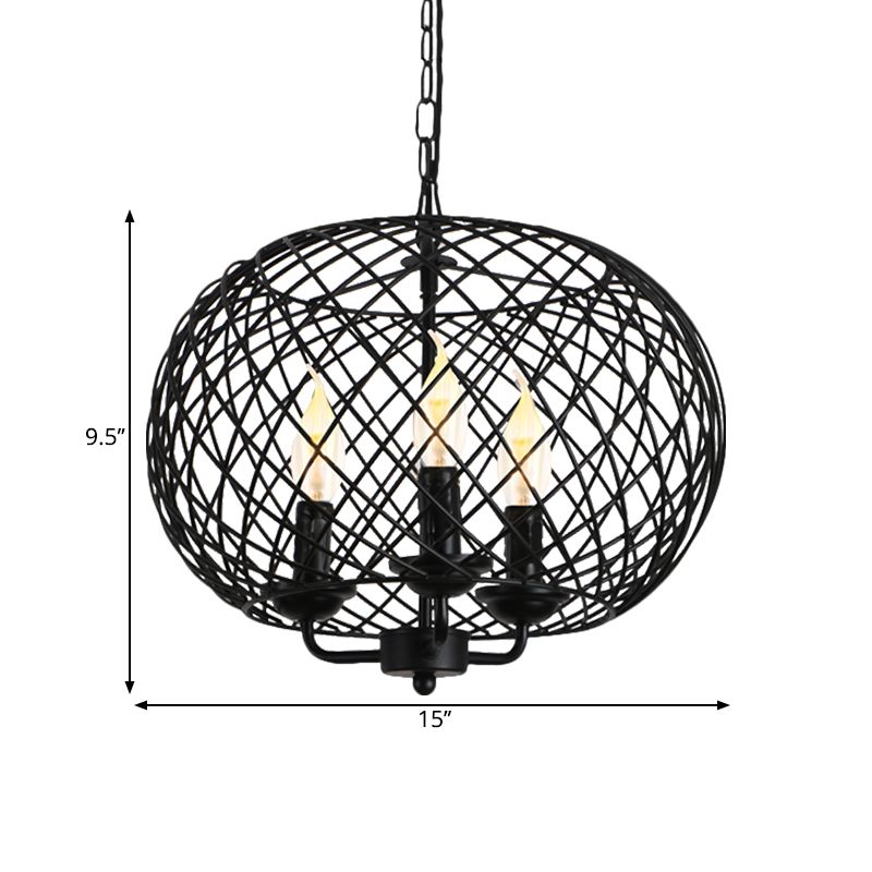 Black 3 Bulbs Hanging Chandelier Lamp Industrial Metal Mesh Drum Shade Ceiling Fixture for Dining Room