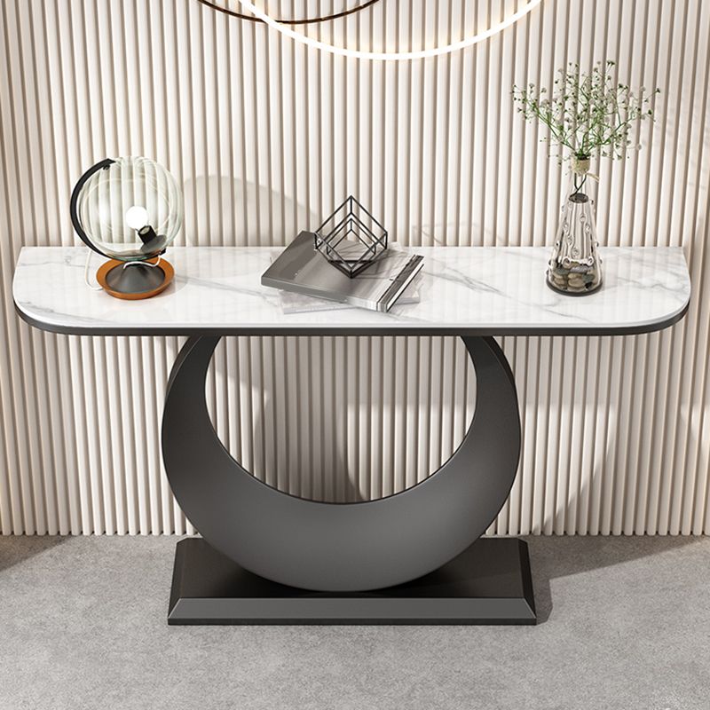 Half Moon Stone Console Table with Iron Pedestal Base Accent Table