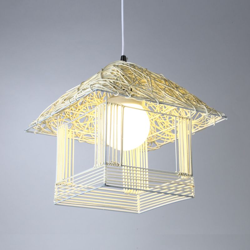 Tower Bamboo Pendant Lamp Chinese 1 Bulb White Hanging Ceiling Light for Teahouse