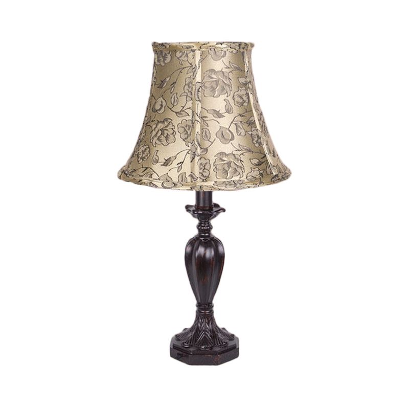 Fabric Beige Nightstand Lamp Bell Shade 1 Light Antiqued Flower Patterned Table Light with Resin Font Design