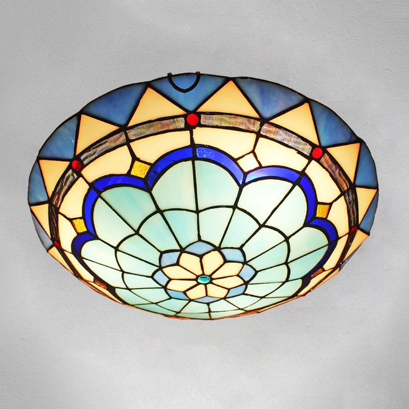 1-Light Bowl Flush Mount Tiffany Style Glass Ceiling Light for Hallway