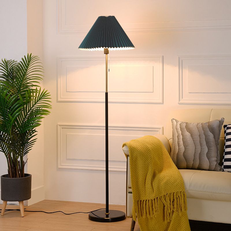 Minimalist Cone Shade Standing Light Pleated Fabric Single Living Room Pull Chain Floor Lighting