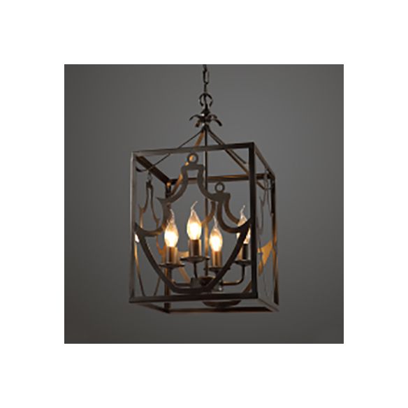 Black 4 Bulbs Ceiling Light Fixture Farmhouse Style Metal Rectangle Cage Chandelier Lighting over Table