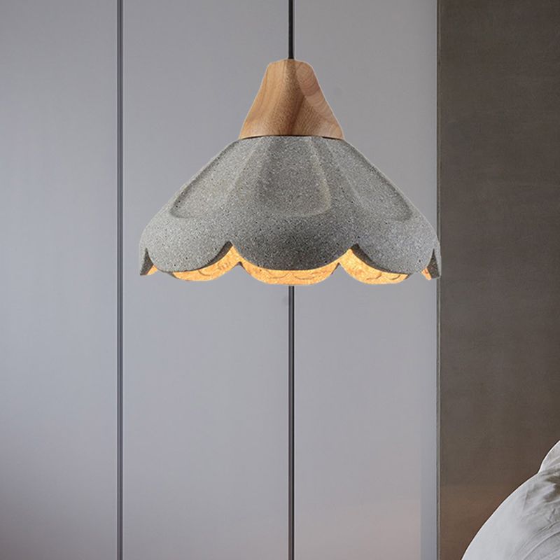 Grey 1-Light Pendant Lighting Nordic Style Concrete Scalloped Hanging Light Fixture with Wooden Cap for Restaurant