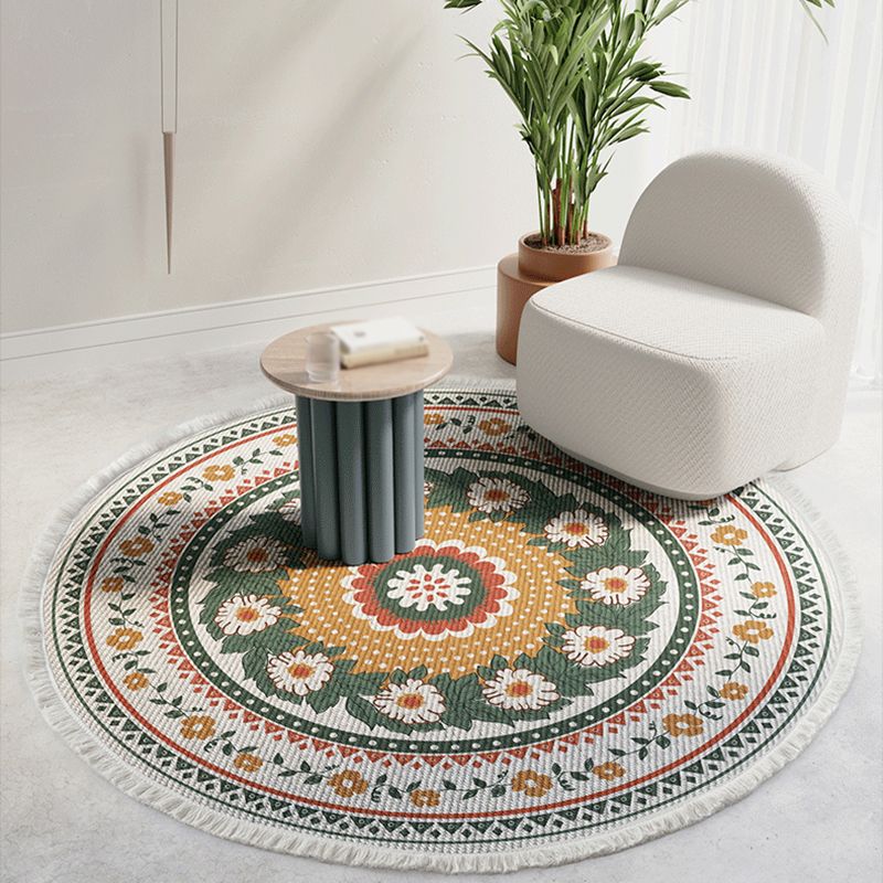 Gorgeous Floral Print Rug Moroccan Round Cotton Blend Area Rug Friendly Washable Carpet with Fringe for Living Room