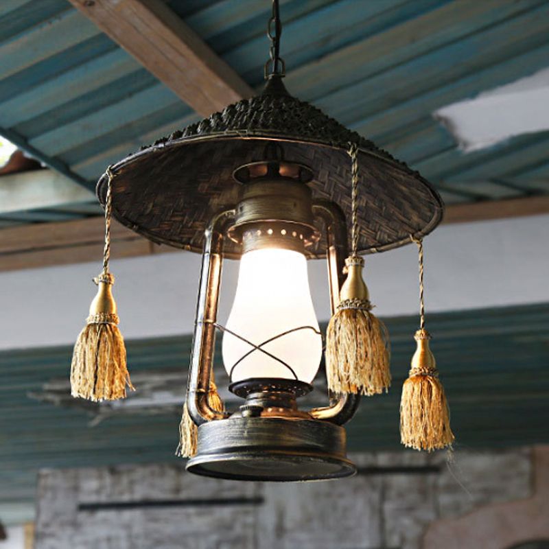 Bronze 1 Head Hanging Pendant Rural Cream Glass Kerosene Ceiling Suspension Lamp with Tassel Knot and Cone Top