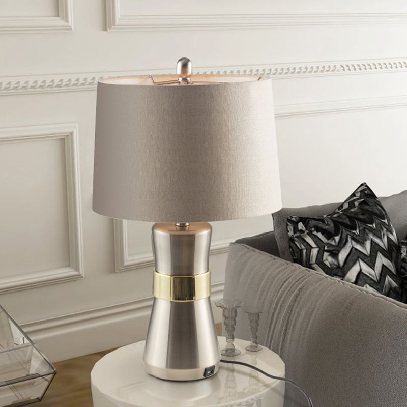 Drum Shaped Fabric Table Lighting Contemporary 1-Head Nickel Night Lamp for Living Room