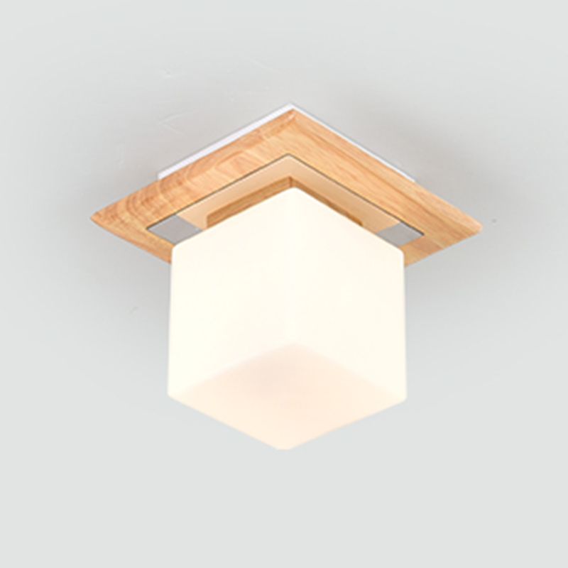 Modern Wood Flush Mount Square Shape Ceiling Light with Glass Shade for Living Room