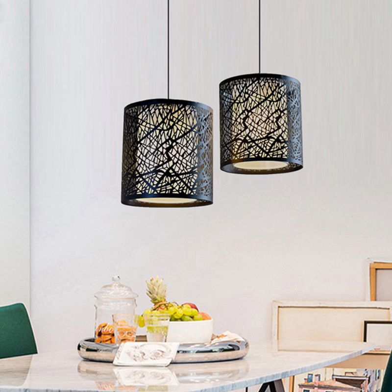 1 Light Drum Pendant Lighting Modern Black Iron Shade Hanging Ceiling Light with Etched Design