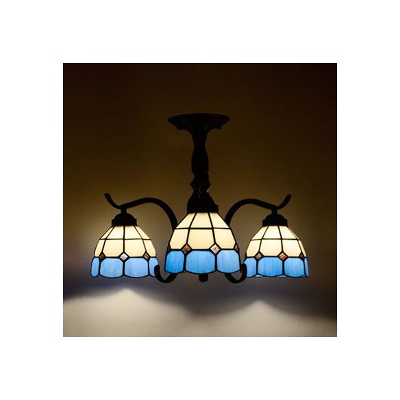 3/5 Lights Semi Flushmount with Shade Tiffany Style Stained Glass Semi Flush Lamp in Red/Blue/Green/Blue-White for Stairway