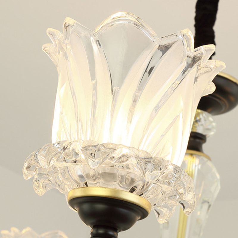 Flower Clear Glass Suspension Pendant Light Contemporary 6/8/10 Heads Black Hanging Chandelier