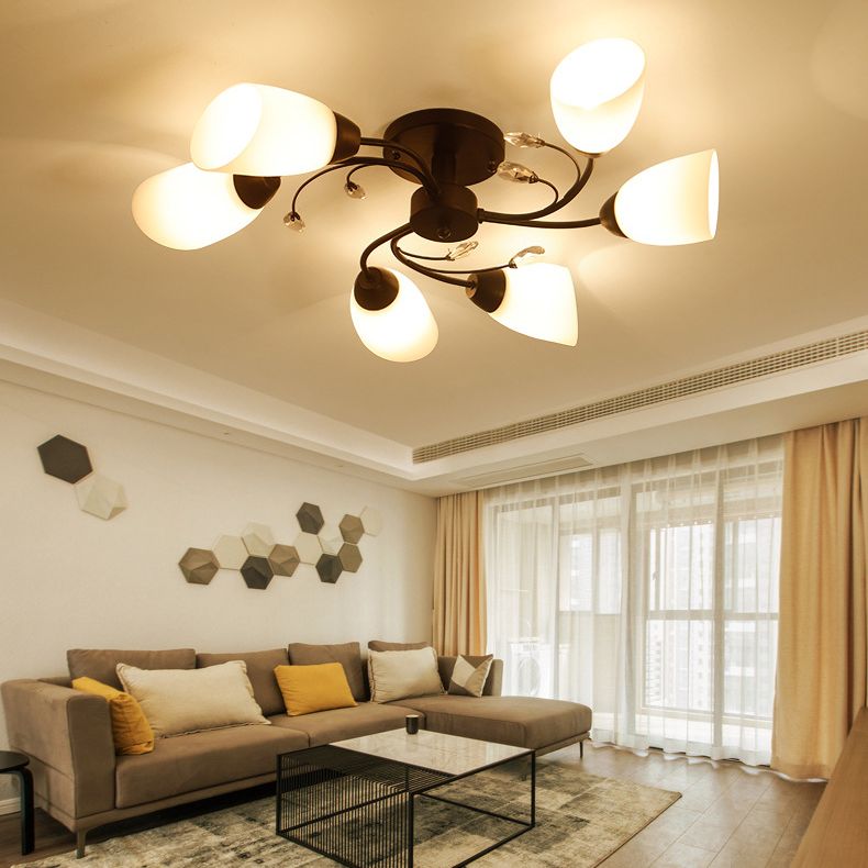 White Glass Shade Semi Flush Mount Lighting Modern Black Swirled Arm Ceiling Light for Living Room